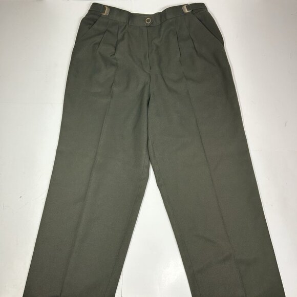 Vtg Part One Women Pleated Front Dress Pants Army Green Buckle Straps Sz 12 - Picture 2 of 9